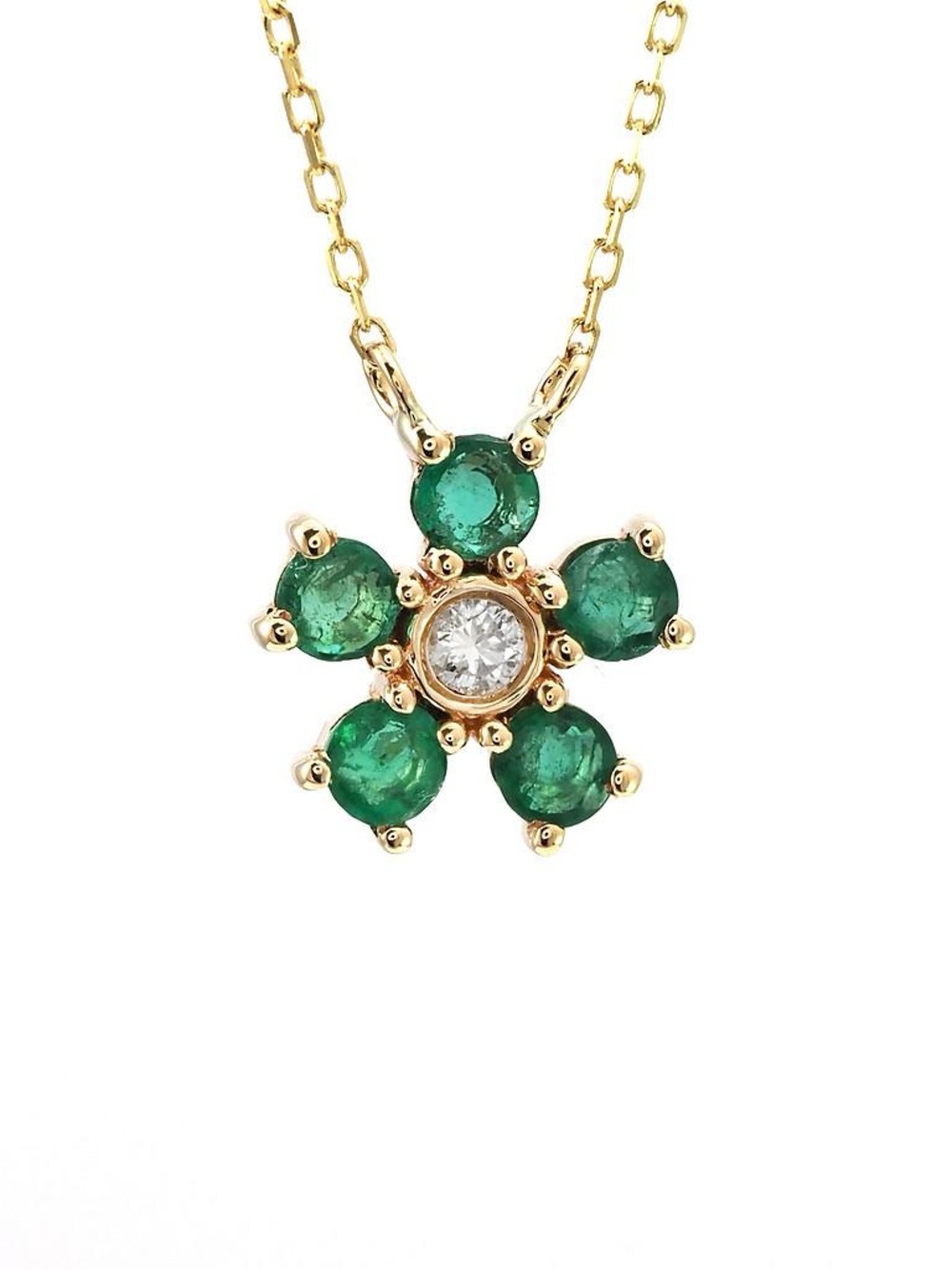 14K Real Yellow Gold Flower Round Prong Emerald Diamond Necklace 16+2″